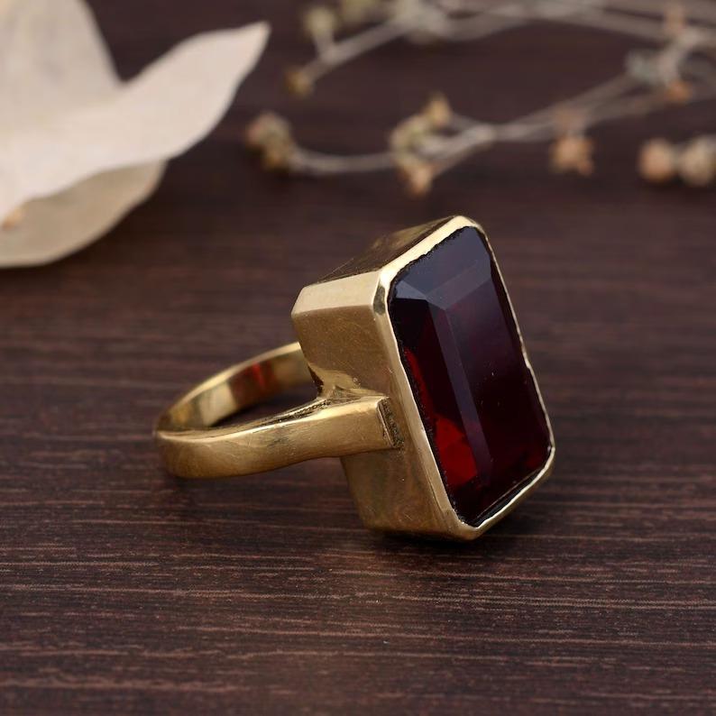 Granat Edelstein Gelbgold Ring, 925 Sterling Silber, Stapelring, Jubiläumsgeschenk Ring, Boho Ring, Geschenk für sie