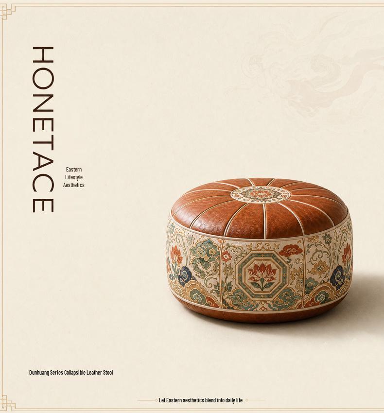 Dunhuang Style Leather Storage Stool - Multipurpose for Clothes, Toys, or Seasonal Items, Perfect as a Living Room Sofa Seat