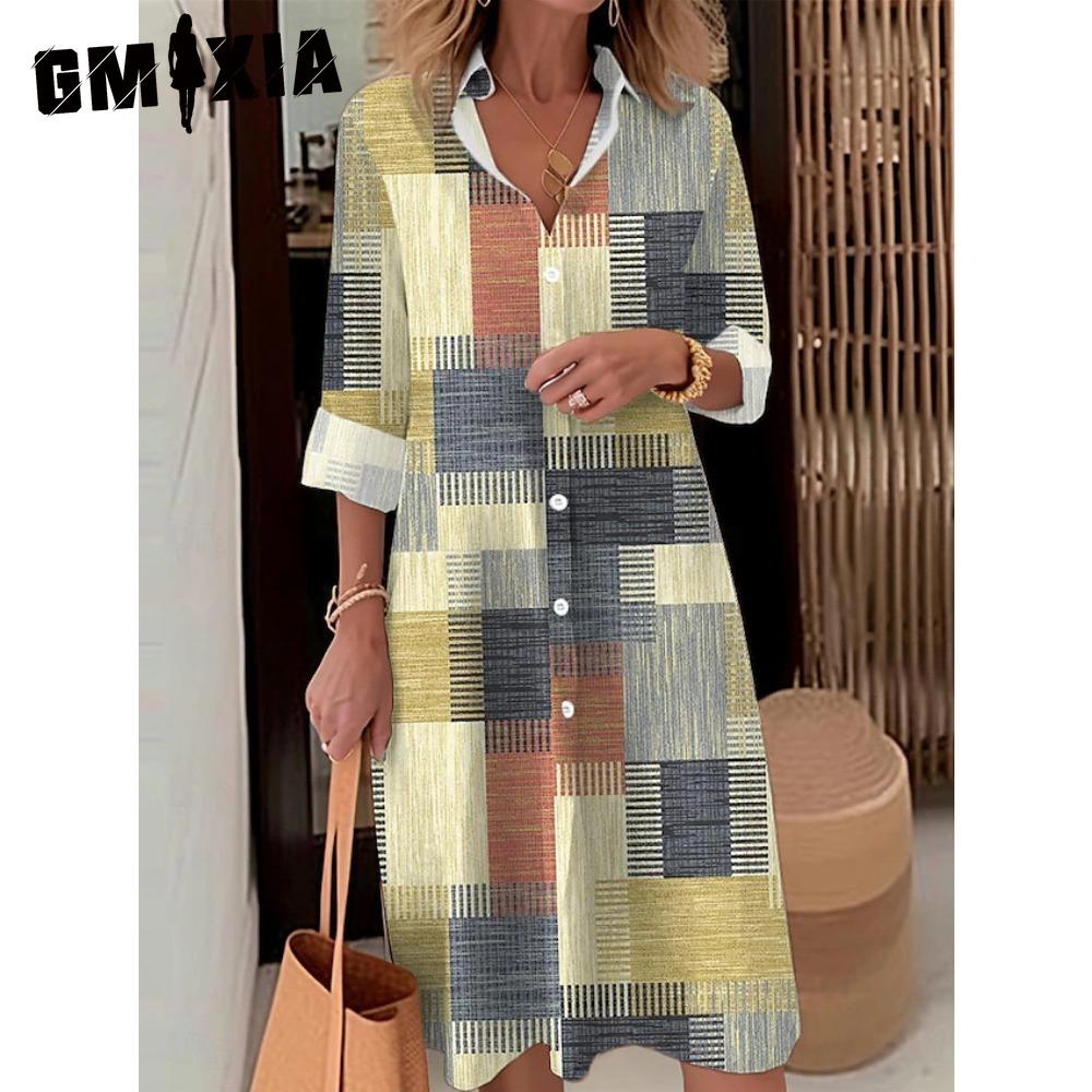 

GMXIA Женская Мода Весна Осень Цветной Блок Принт Длинный Рукав Воротник Поло Свободная Талия Повседневные Платья M