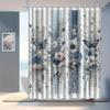 1pc Vintage blue floral and butterfly patterned shower curtain, polyester fabric, with hooks, suitable for bathroom décor.