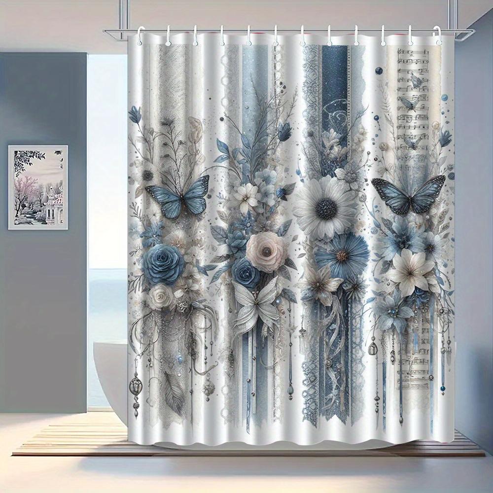 1pc Vintage blue floral and butterfly patterned shower curtain, polyester fabric, with hooks, suitable for bathroom décor.