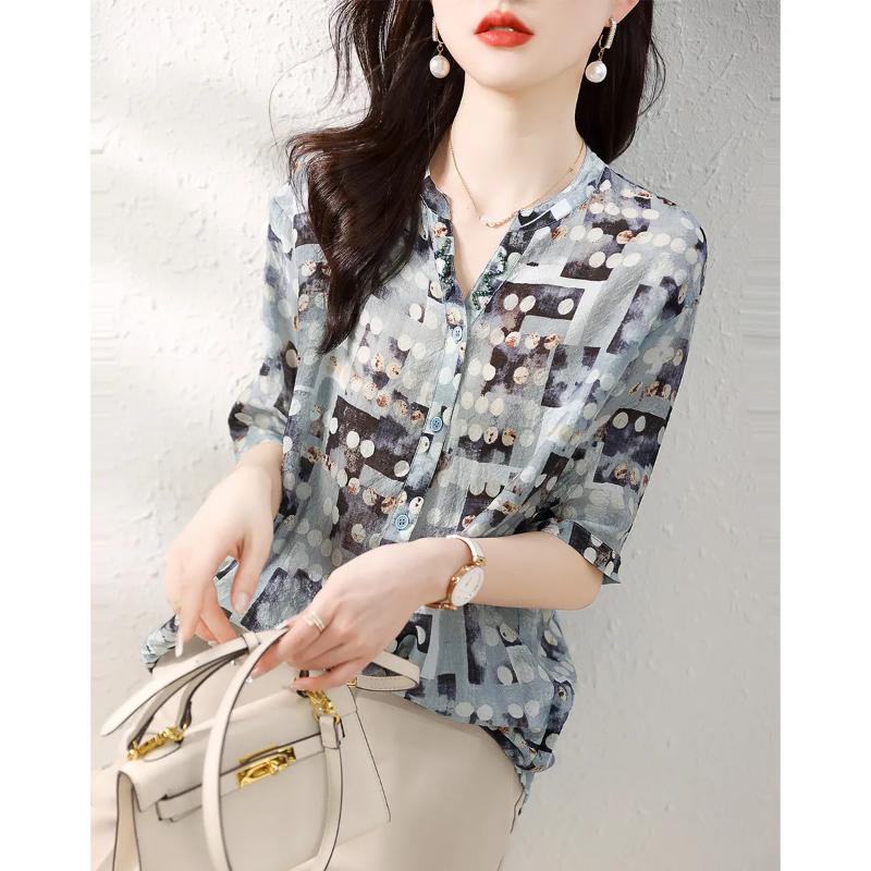 Fashionable Retro Polka Dot Five Quarter Sleeved Shirt Summer Loose Fit Revealing Belly Mid Sleeved V-neck Top