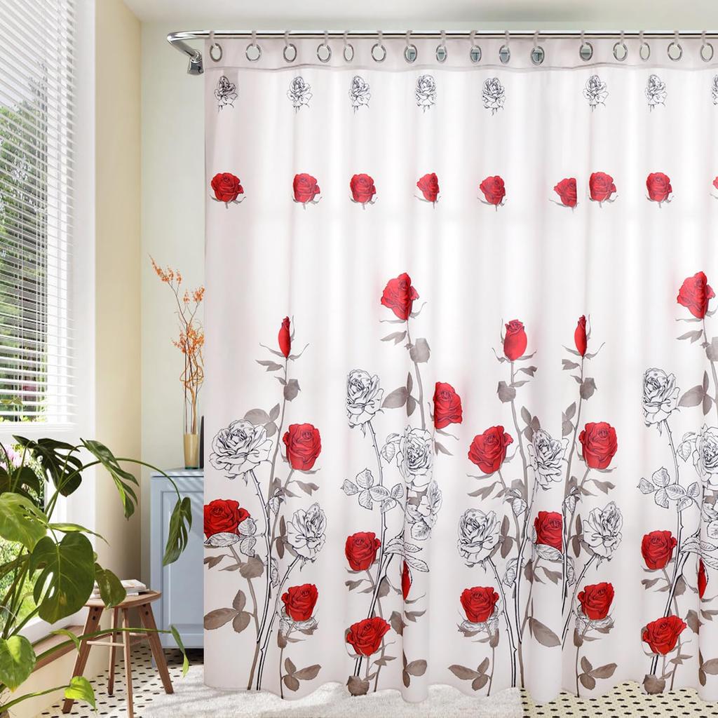 Red Rose Shower Curtain Botanical Floral Romantic Flower Valentine Girls Bathroom Curtain Decor Waterproof Fabric Include Hooks