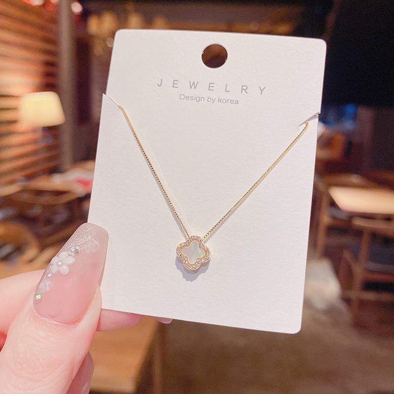 Female Personalized Fashion Versatile Four Leaf Flower Necklace Micro inlaid shell