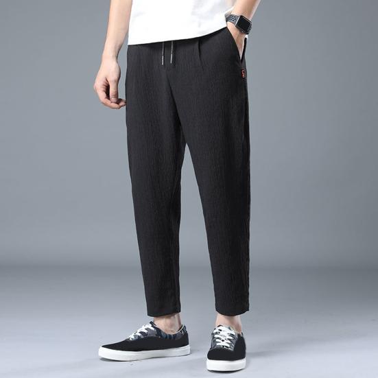 Men Ninth Pants Drawstring Elastic Waist Straight Leg Loose Solid Color Pockets Plus