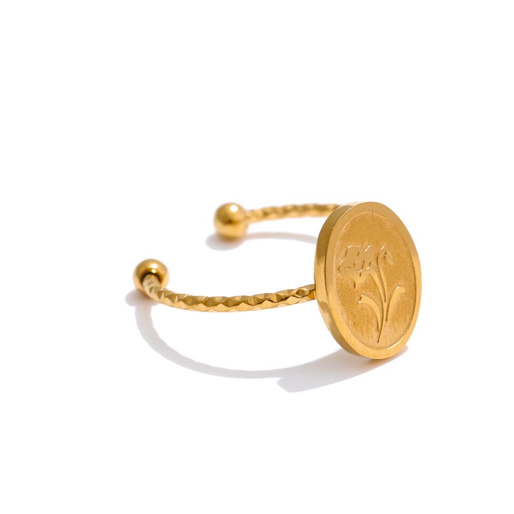 Yhpup 12 Month Birth Flower Floral Oval Open Ring Minimalist Stainless Steel 18K Golden Plated Charm Finger Jewelry Wholesale