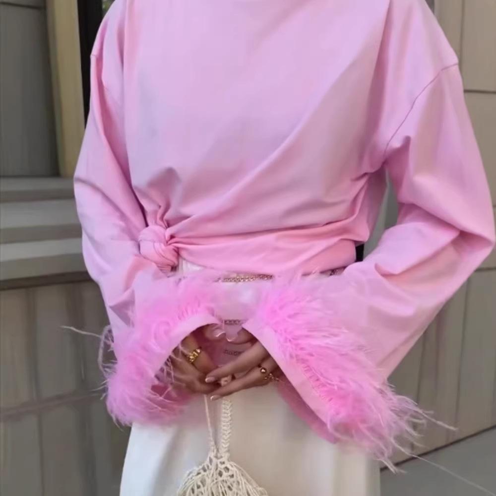 Γυναικείο Μακρυμάνικο T-shirt με Φαρδιές Μανσέτες και Ένθετα Γούνας - Ευρωπαϊκό και Αμερικανικό Στυλ, Συλλογή Άνοιξη 2026