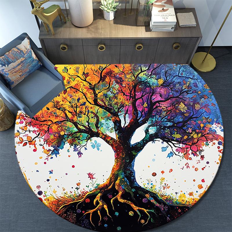 Colorful Tree Round Area Rug,Carpet Rug for Living Room Bedroom Sofa Playroom Decor,Non-slip Floor Mat