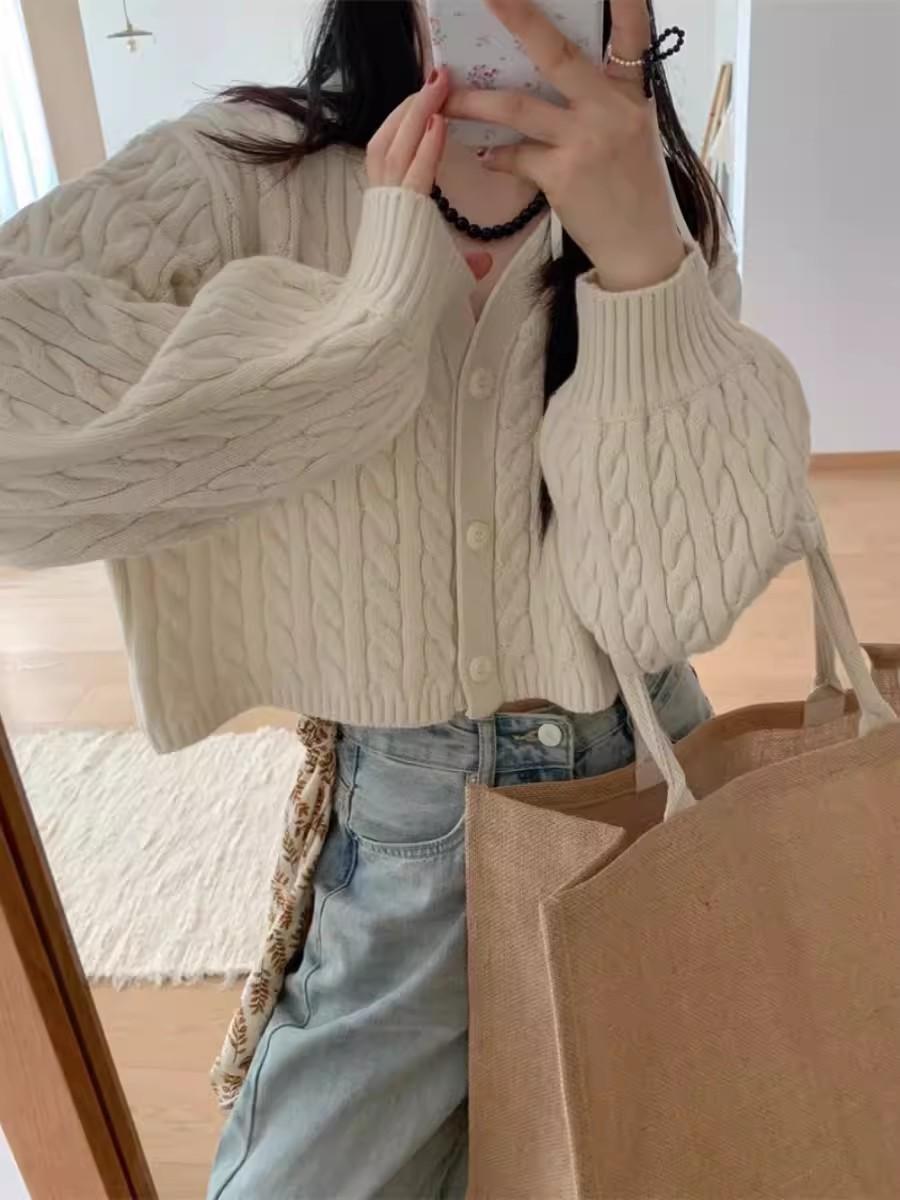 

Simple twist short high waist knitted cardigan women s spring and autumn new small lantern sleeve sweater one size fits all белый