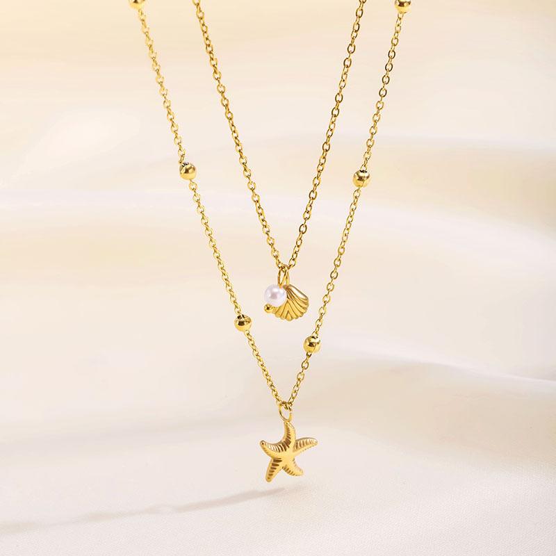 Fashion Double Layered Starfish Shell Pearl Necklace for Women Stainless Steel SeaShell Charm Necklaces Summer Beach Jewelry