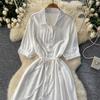 Sexy Chic Polo-Neck Single Breasted Ruffle Dress Elegant Korean Fashion Slim Summer Vintage Sweet Dresses