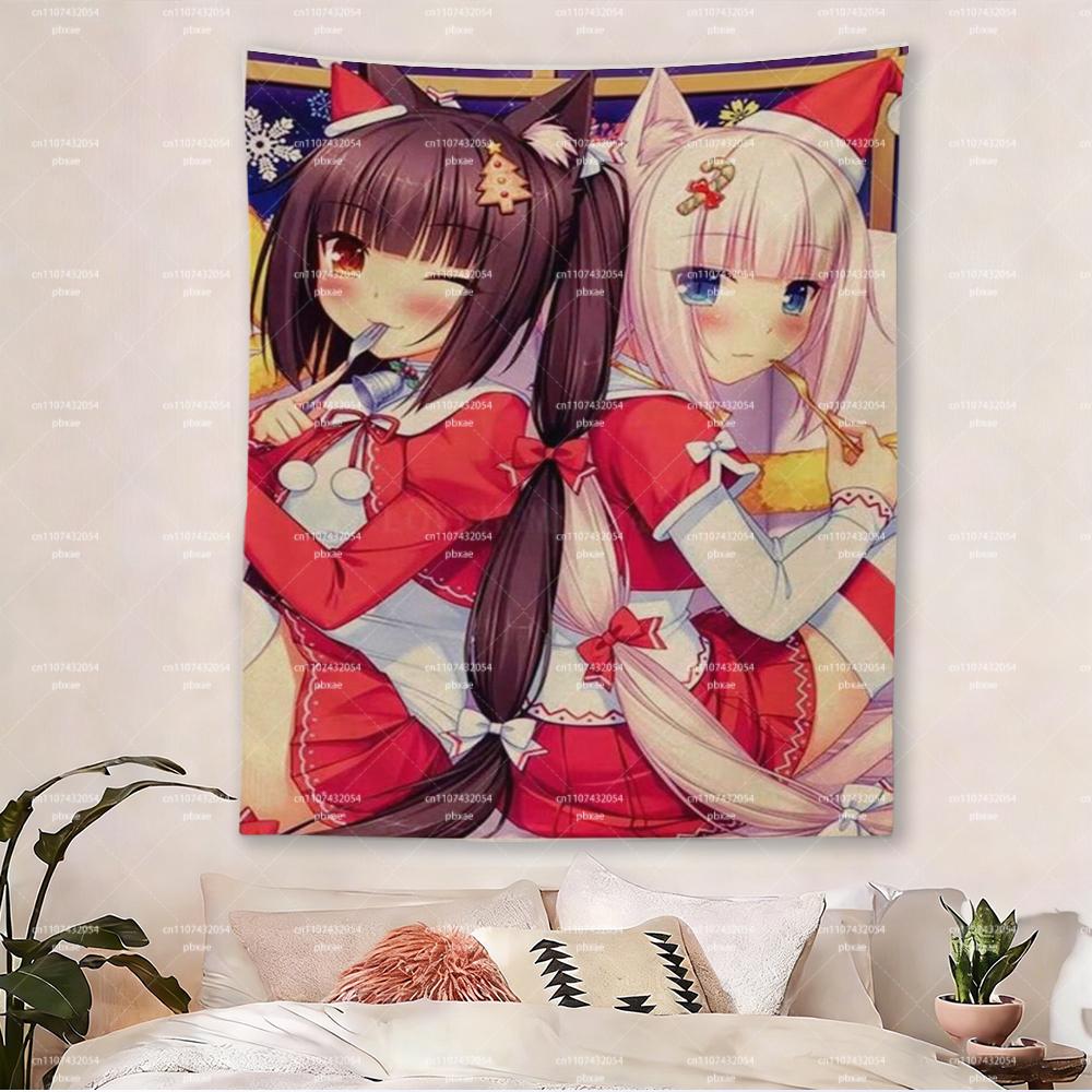 1PC Nekopara Chocola Vanilla Christmas Tapestry Neko Maid Anime Wall Hanging Kawaii Xmas Decor for Bedroom Dorm 74x94cm(29x37in)