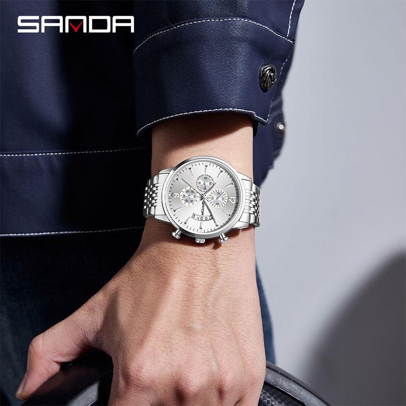Sanda Retro Men's Waterproof Quartz Wristwatch with Small Seconds and Calendar - Fashionable Steel Band.