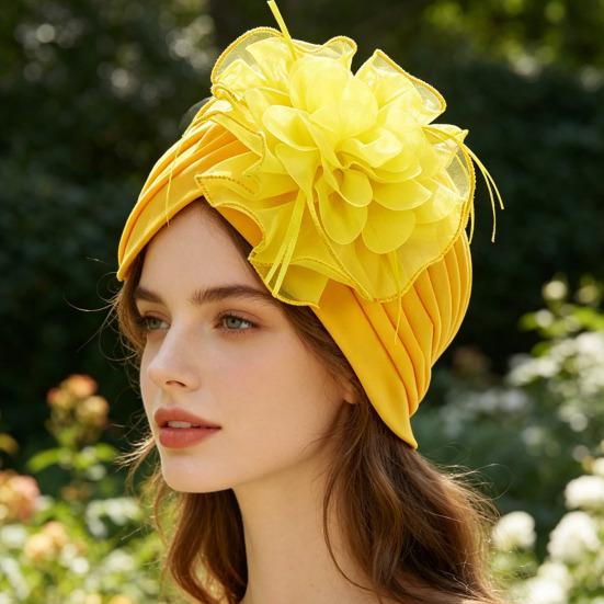 Women Turban Hat Pure Color Mesh Flower Decor Elastic Non-Slip Headwrap Breathable Lightweight Summer Headscarf Hat