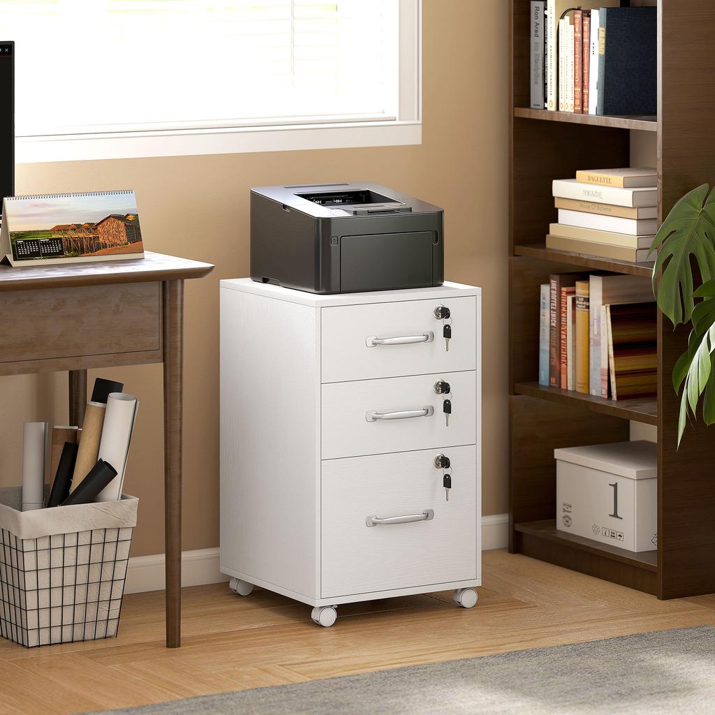 Mobile Office Pedestal, 3 Lockable Drawers, Storage Unit on Wheels, 40 x 40 x 69.5 cm, White