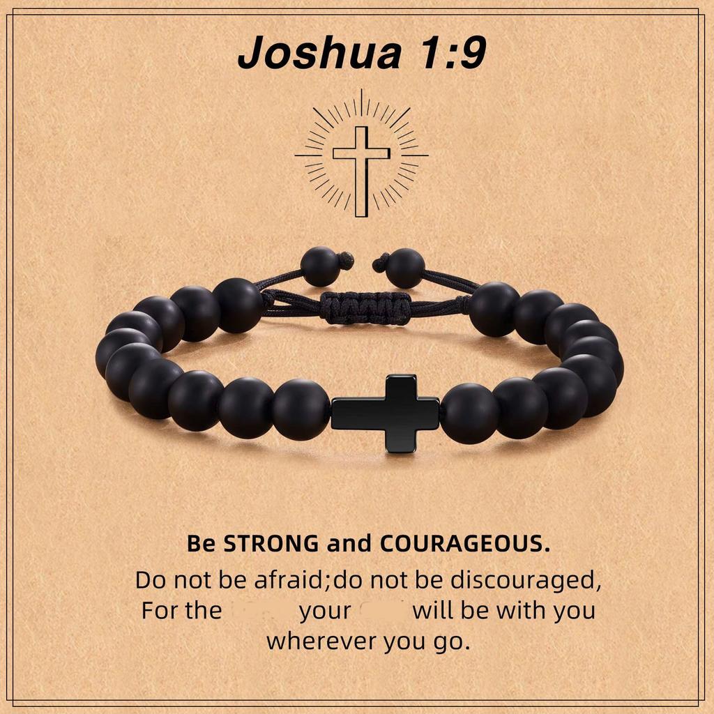 Father's Day Gift Bracelet Black Cross Pendant Black Rope Braided Adjustable 8mm Black Frosted Cross Bracelet