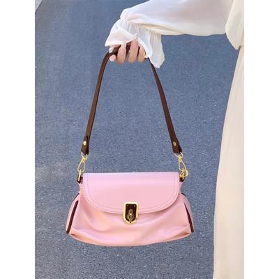 High-value Rose Pink Gentle Underarm Bag for Women with Niche Design Soft Leather Contrasting Color Pleated One-shoulder Crossbody Bag