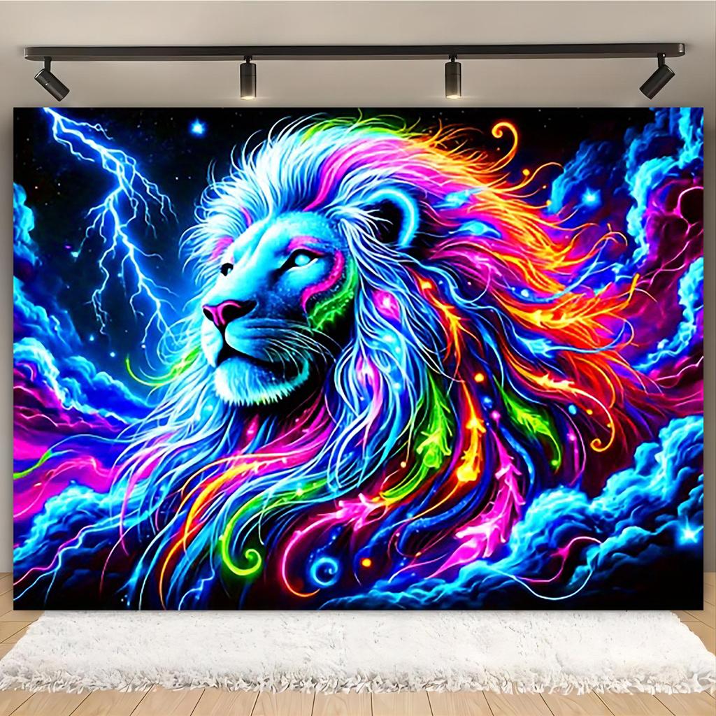 Neon Lion Tapestry Psychedelic Starry Sky Lightning Wall Cloth Living Room Domineering Background Cloth Room Decoration