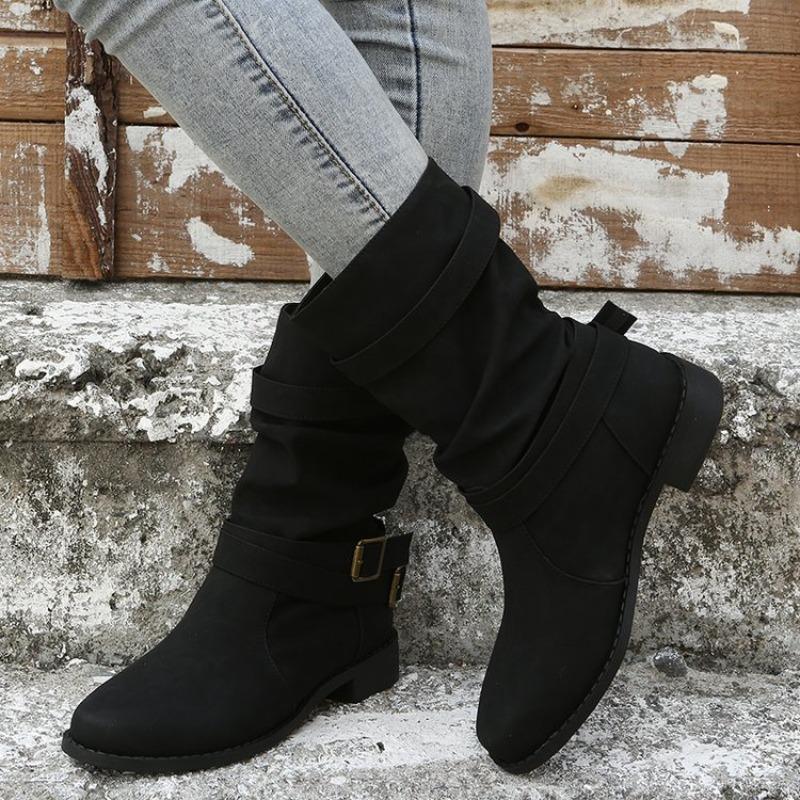 Plus Size 43 Women Boots European and American Fashion Buckle Pleated Short Boots Autumn and Winter New Flat Boots Women Shoes