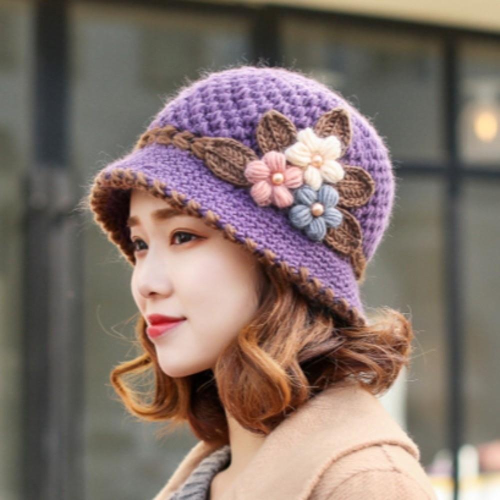 Plush Knitted Bucket Hat Warm Floral Crochet Hat Fashionable Yarn Cloche Hat Winter
