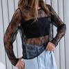 Women's Spring and Summer Sexy See-through Loose Lace Long-sleeved Hollow Inner T-shirt