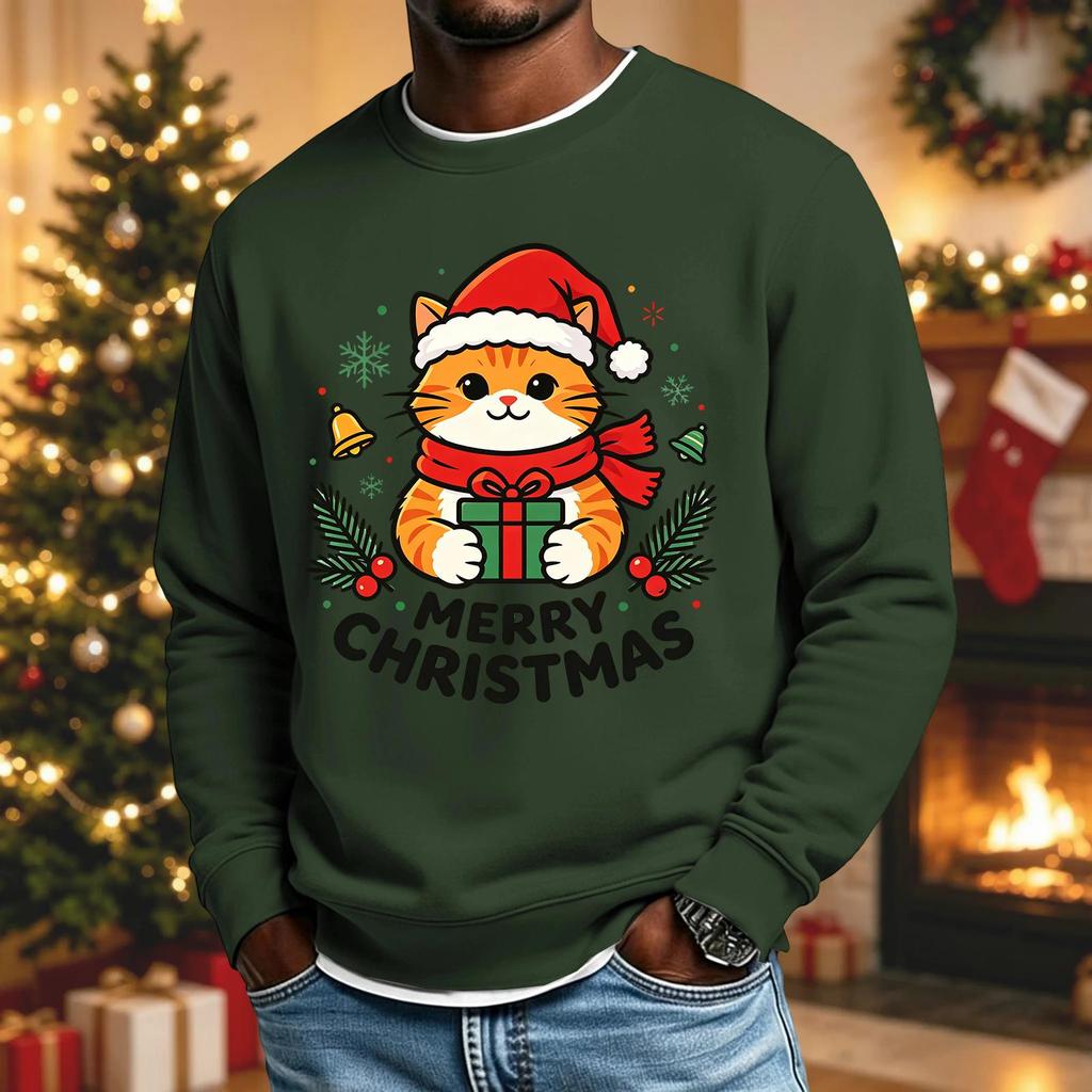 Men's Casual Long Sleeve Crewneck Top with Christmas Print for Holiday Celebrations