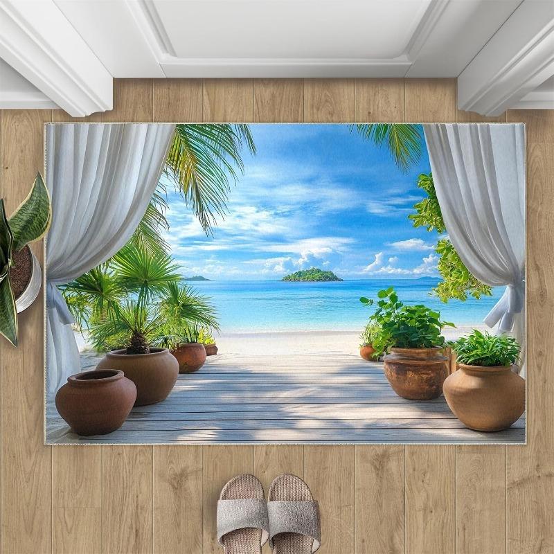Urlaubsstil Strand Fußmatte Palmen Ozeanwellen Weiße Wolken Druck Urlaubsthema Heimdeko Eingangsteppich für Wohnzimmer
