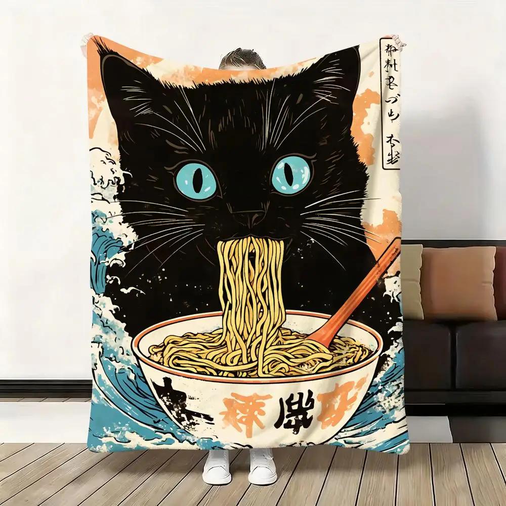 Black Cat Ramen Soft Flannel Blanket  Oversized Warm SkinFriendly Throw for Sofa Bed Office Travel  Winter Comfort
