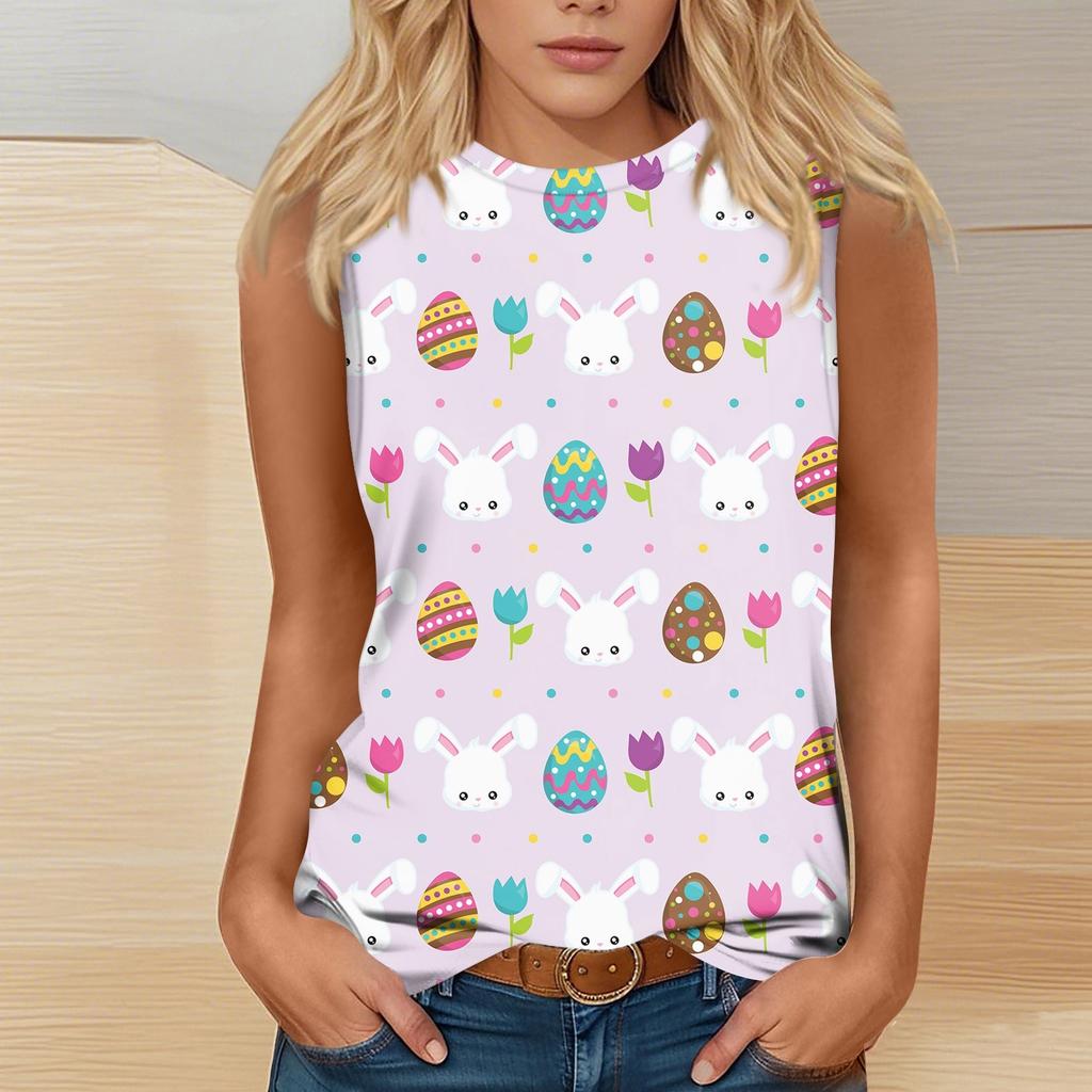 Women's Fashion Casual Easter Printed Round Neck Sleeveless T-Shirt Tops