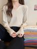 Women's Apricot V-Neck Knitted Sweater - Soft Long Sleeve Top for Spring/Autumn 2025