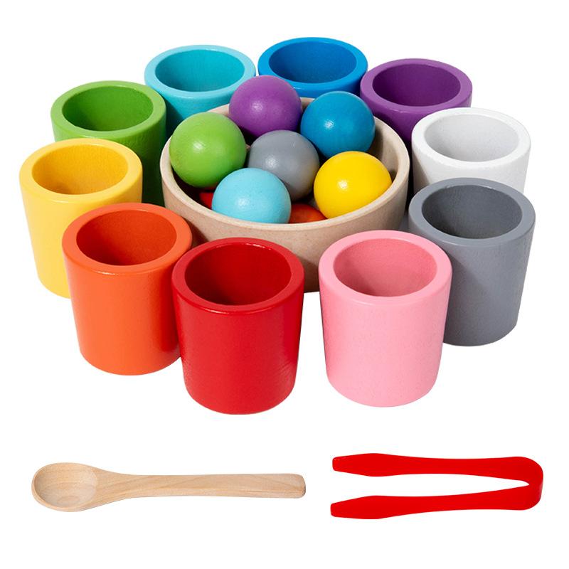 Early Education Wooden Set, 12 Colors, Ball and Cup, Color Classification, Bead Clamping, Color Recognition Matching, Educational Toy