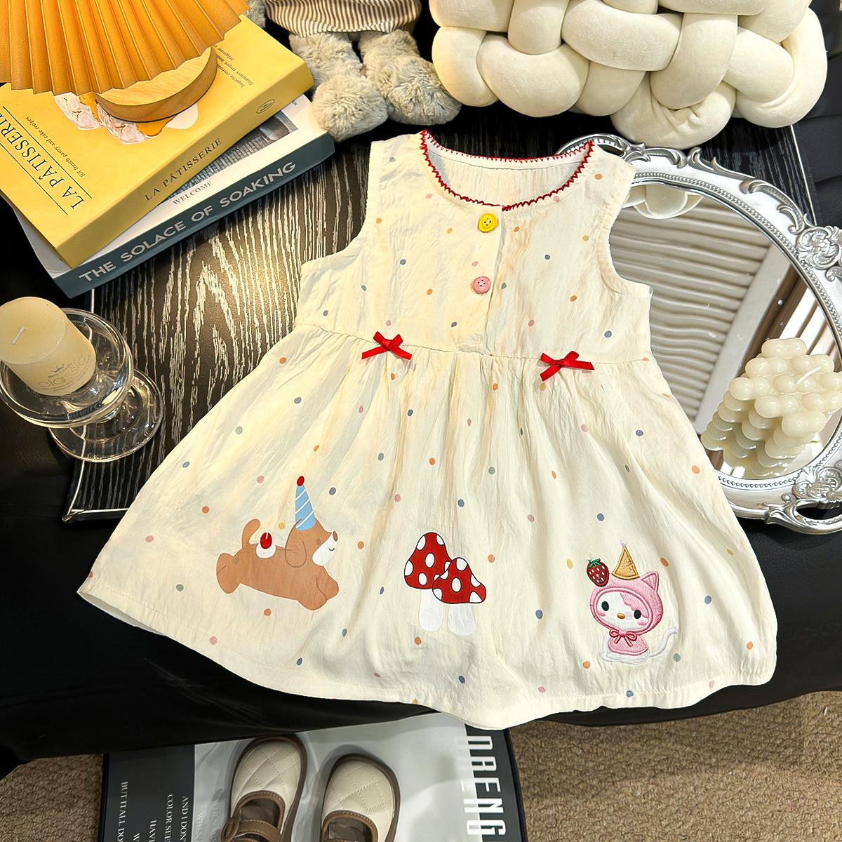 Cute Girls Summer Sleeveless Dress Cartoon Polka Dot Thin Vest Dress Stylish Lightweight Casual Party Wear For Kids 110cm
