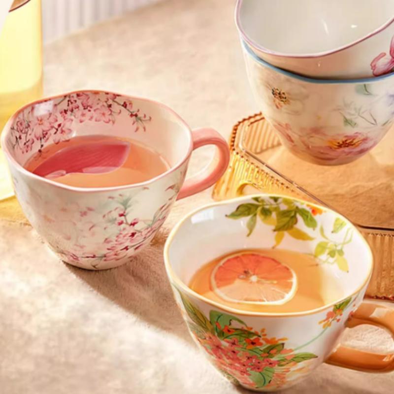 Ceramic Coffee Mug, Premium 350ml Bone China Coffee Tea Hug Mug, Floral Designed Teacup, Breakfast Cup