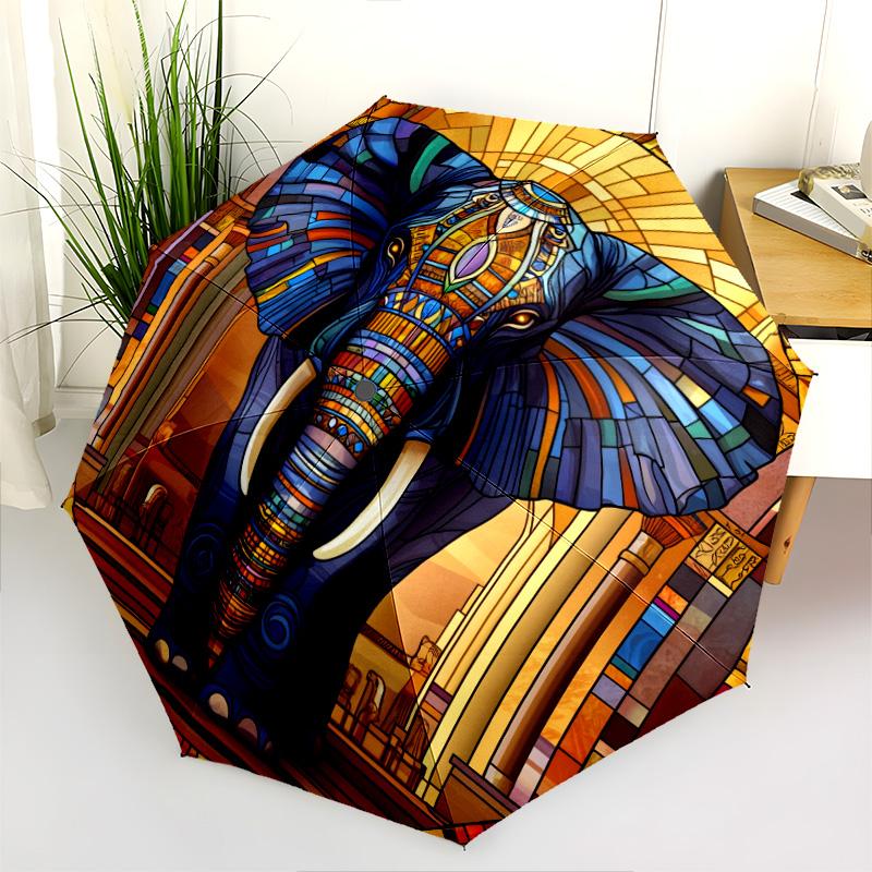 0106 Parasol automatycznie składany, wzór Słoń w oknie szklanym, przenośny i składany design, 8 żeber, prezent na Boże Narodzenie lub urodziny.