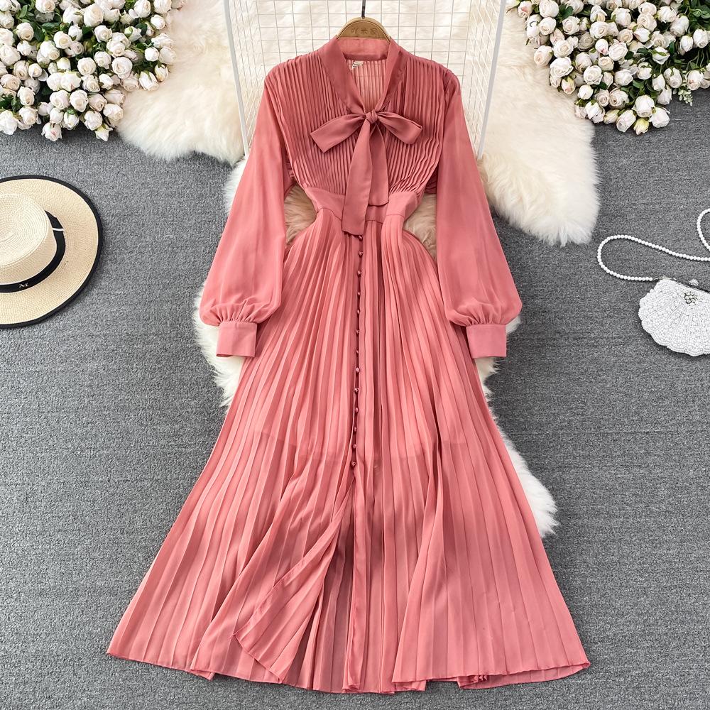 Herbst Vintage Frauen Langes Kleid Elegante Bogen Kragen Laterne Ärmel Einreiher Plissee Maxi Weibliche Rot Lila Kleider