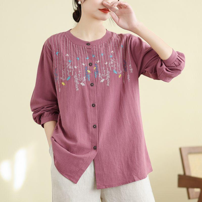 Women's Long Sleeved Shirt Plus Size Top Shirt Cotton Spring Outfit Loose Middle-aged Embroidered Shirt