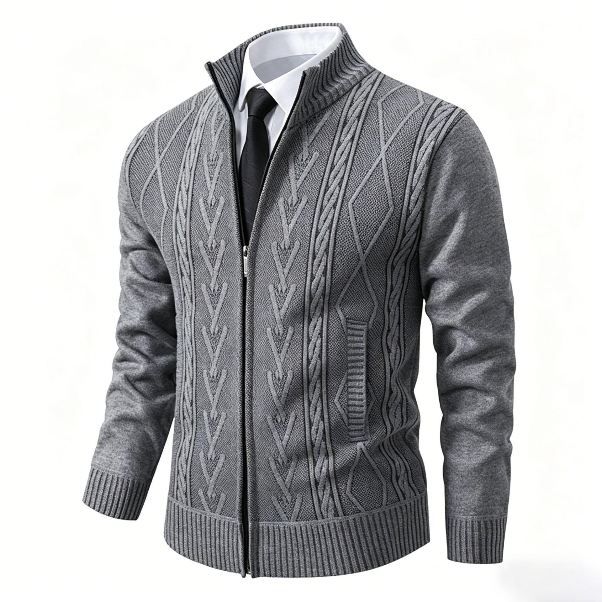 Men S Fleece Thick Knitted Cardigan Stand Collar Winter Casual M серый