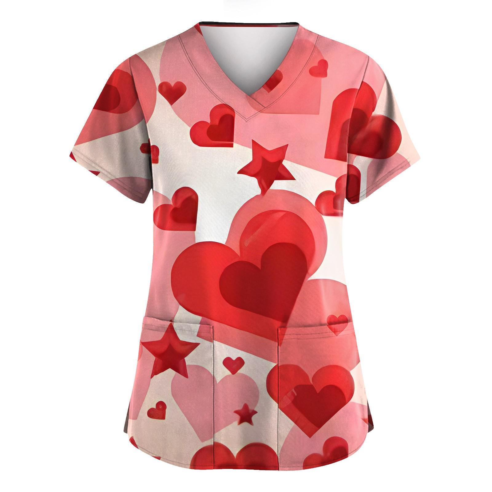 

Женская униформа с принтом ко Дню святого Валентина, свободная, с V-образным вырезом, карманом и коротким рукавом M