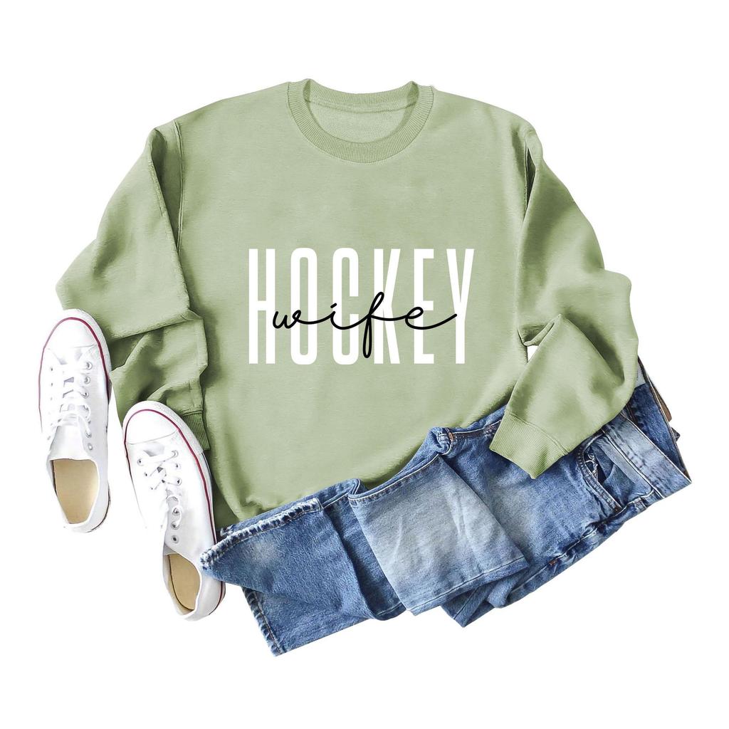 European & American Fashion Long Sleeve Loose Hoodie with 'Hockey Wife' Print for Women
