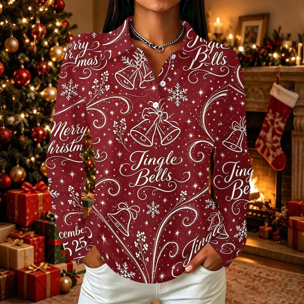 Women's Casual Christmas Print Long Sleeve Button Down Shirt with Lapel Collar and Side Slits