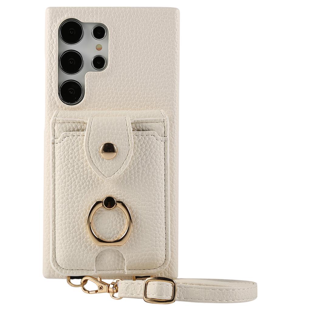 For Samsung Galaxy S24 Ultra Case with Card Holder,Shoulder Strap PC+TPU Ring Kickstand Phone Back Cover