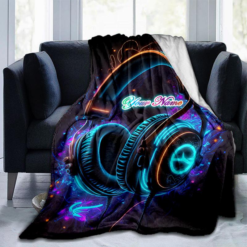 1PC Custom Name Neon Headphones Glow Art flannel blanket versatile,all-season throw suitable for the living room,bedroom,camping,travel,and gift