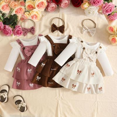 0-2 Years Baby Girl Autumn/Winter Ribbed Bodysuit with Suspender Skirt & Bow Headband Set