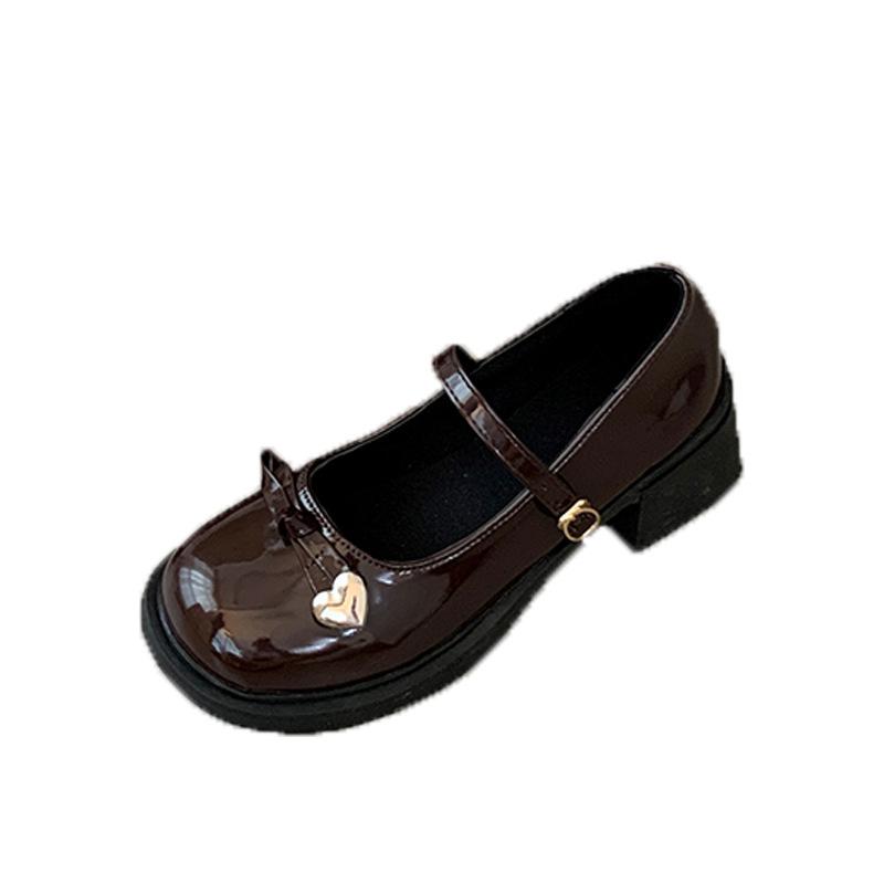 Retro thick heel Mary Jane shoes women's 2025 new bow jk single shoes black one-word buckle belt small leather shoes
