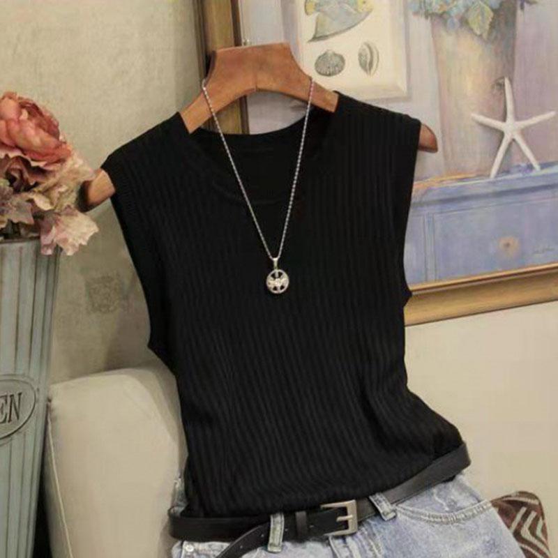Women Summer Sleeveless O Neck Solid Color Knitted Causal Vest Top