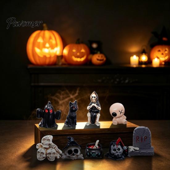 Halloween Countdown Calendar Advent with 9 Mini Resin Figures, Day Spooky Miniature Pumpkin Skeleton Figurines To Calendar, Surprise Collectible