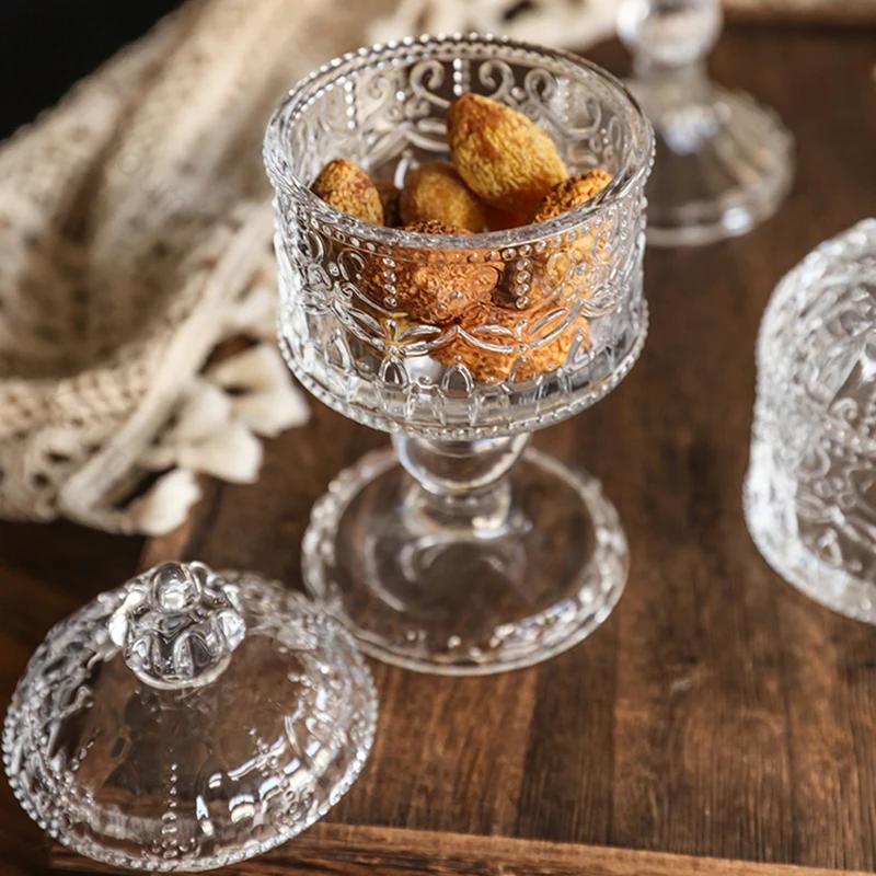 Light Luxury Relief Glass Jar Delicious Afternoon Tea Snacks Cups Household Cute Candy Jar Creative Desktop Storage Ornament