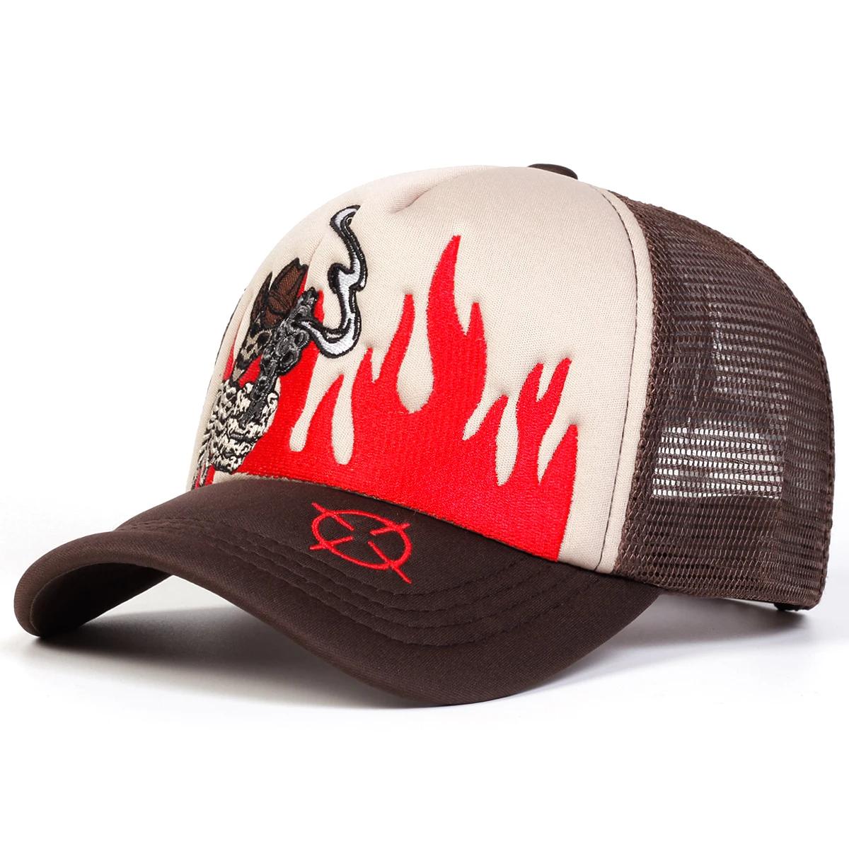 

Unisex Skull Flame Embroidery Baseball Net Caps Spring And Summer Outdoor Adjustable Casual Hats Sunscreen Hat Sports Cap