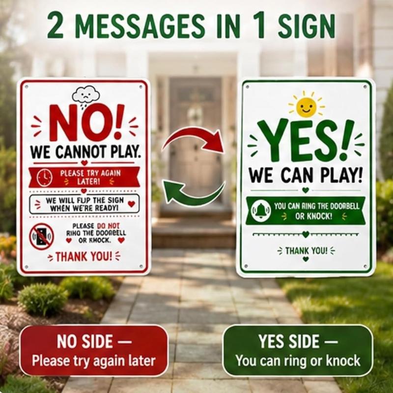 Front Door Play Status Sign, Reversible Double Sided Metal Door Hanger Plaque for Family with Kids and Neighbor Visit