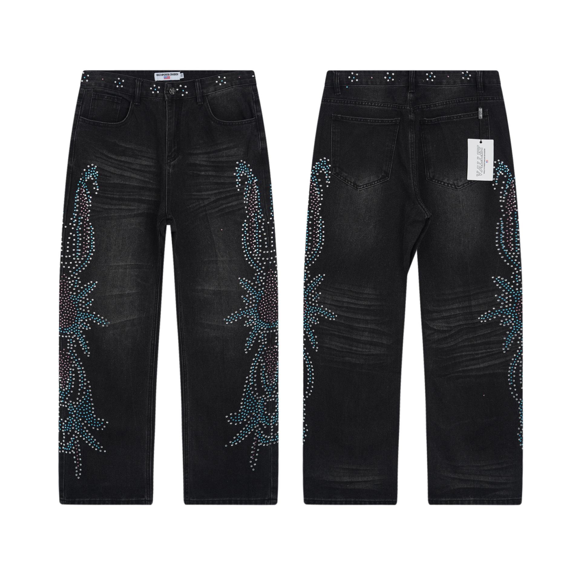 Cross-border beauty tide VALE American high street hip-hop hot diamond spray horse willow straight denim trousers 30